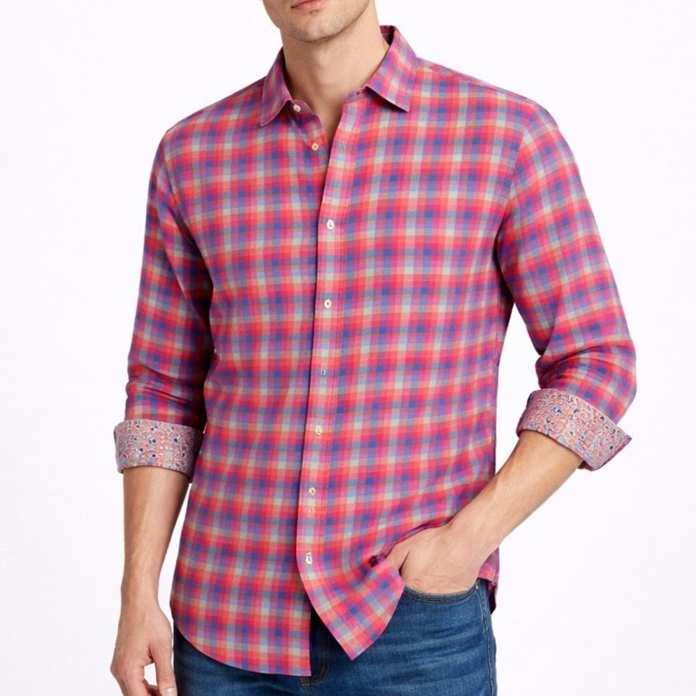 Bugatchi Mens Large Shaped Fit Shirt Linen Plaid Button Down Multi Color